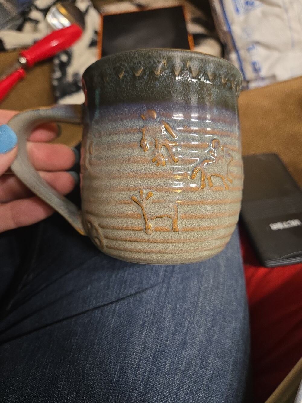 Vintage Hand Thrown Studio Art Pottery Mug - Southwestern Petroglyph Rock Art...